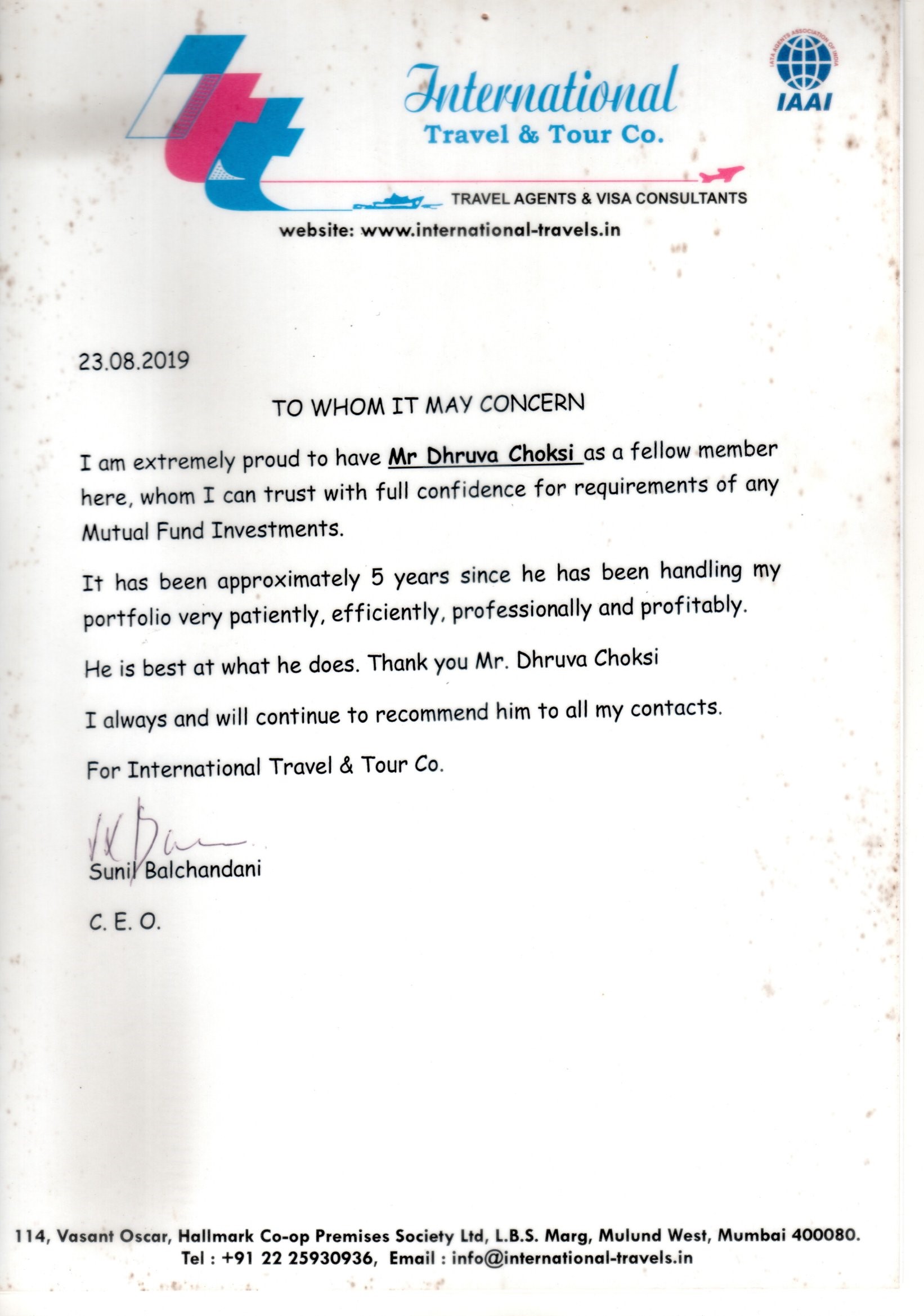 Second Testimonial letter from Sunil Balchandani, International Travel & Tour Co.